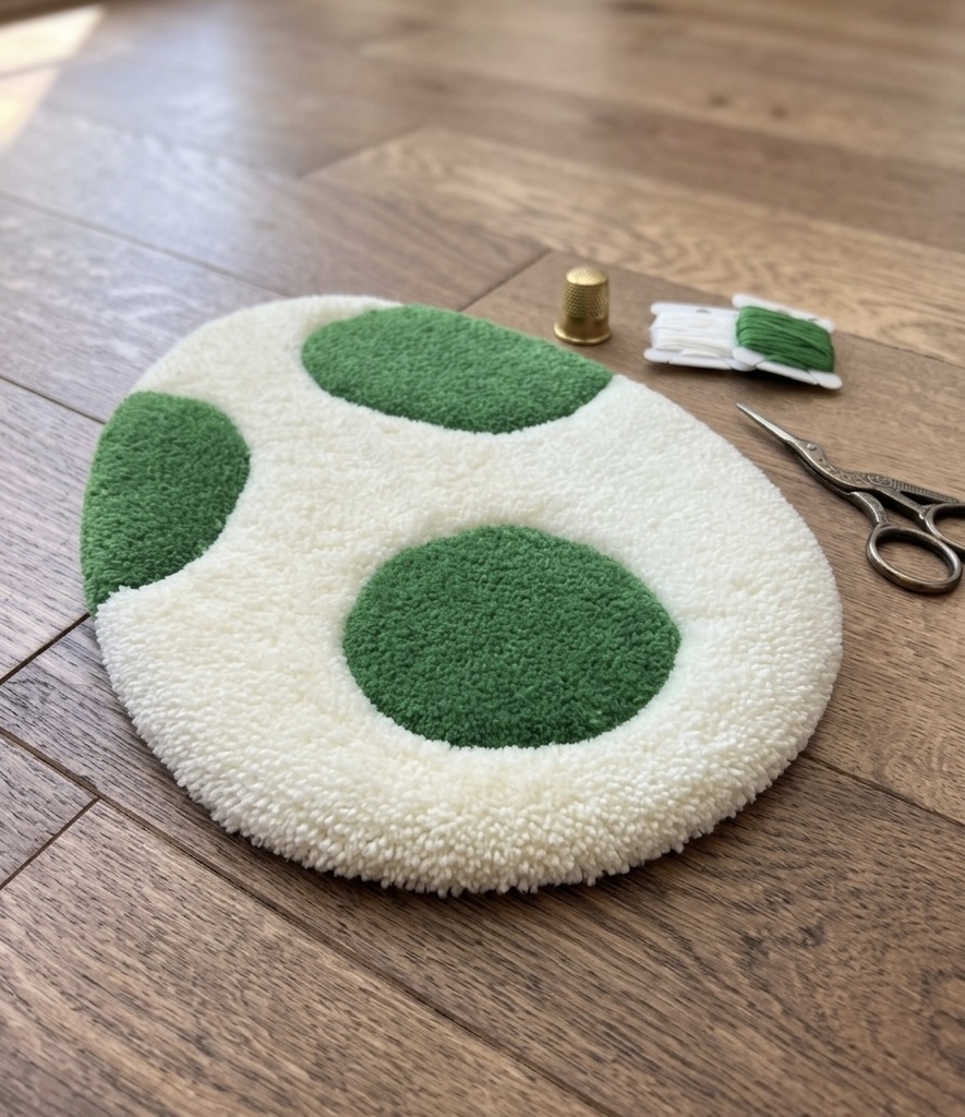 Tapis Tufté Artisanal — Petit Œuf Blanc Taches Vertes Gaming Rétro | Décoration Collector Fait Main