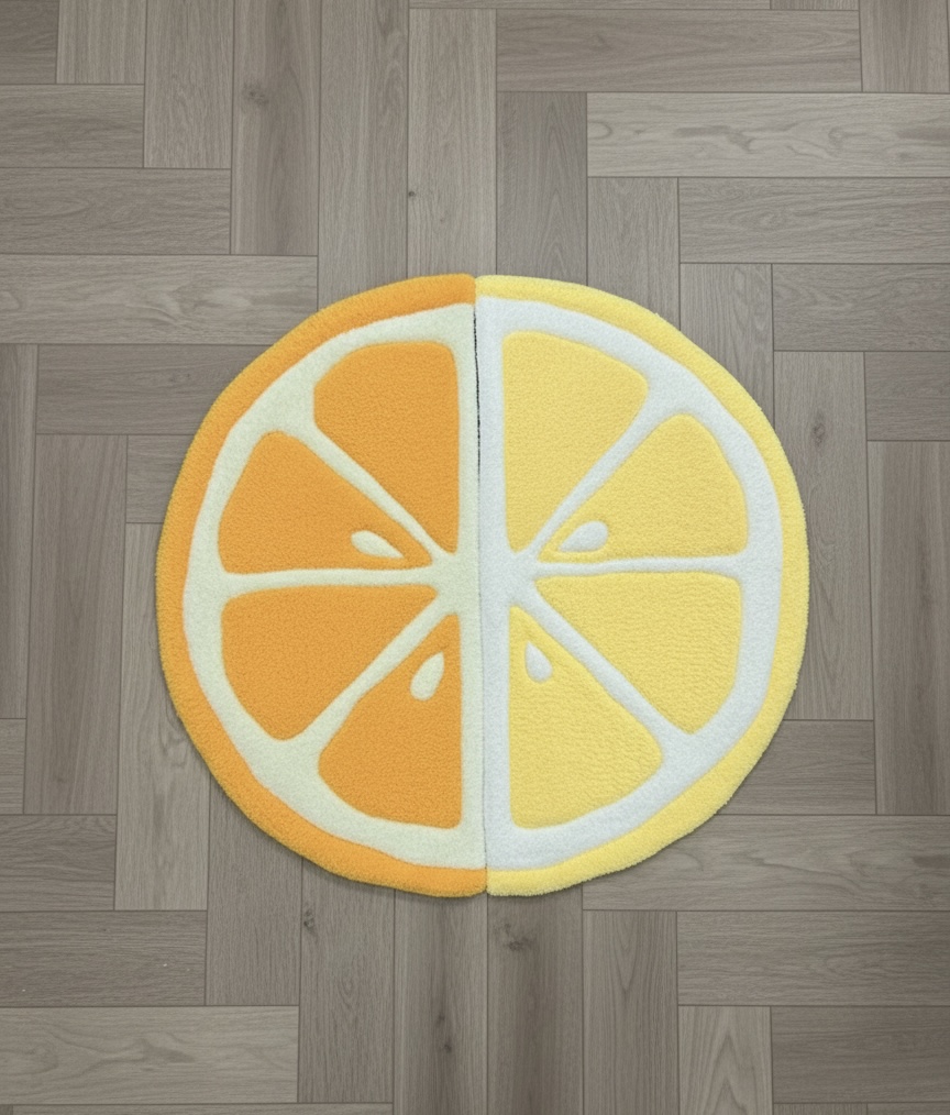 Tapis Tufté Artisanal — Tranche d'Agrume Demi-Lune | Décoration Colorée Fait Main (Jaune, 70 x 35cm)