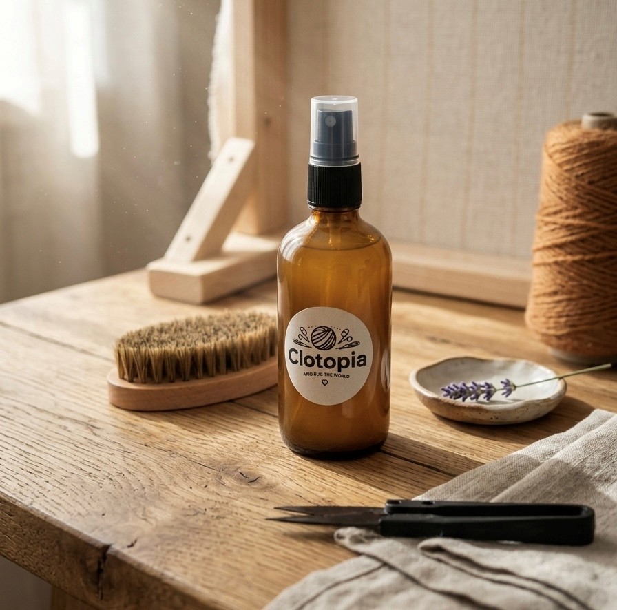 Kit Entretien Tapis Tufté Artisanal — Spray Naturel + Brosse + Ciseaux | Clotopia
